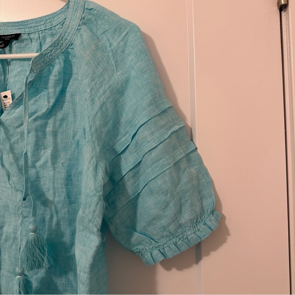 Talbots Aqua Blue Linen Peasant Tunic With Pleated Sleeves Size SP Women’s NWT - Picture 3 of 14
